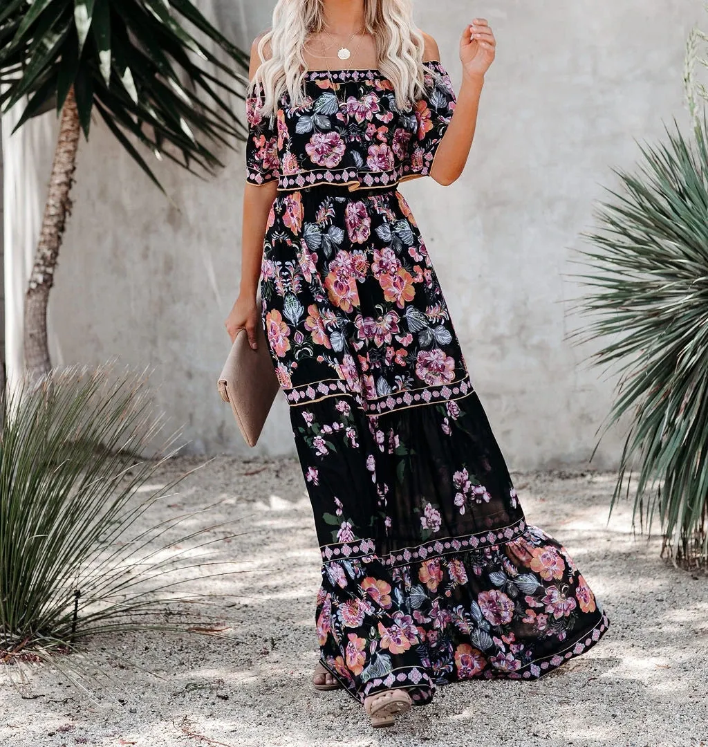 Summer New Shoulder Print Long Swing Dress