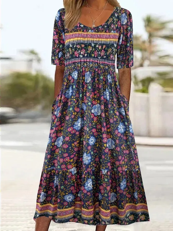 Summer New Women's Round Neck Short Sleeve Long Skirt Bohemian Print Dress