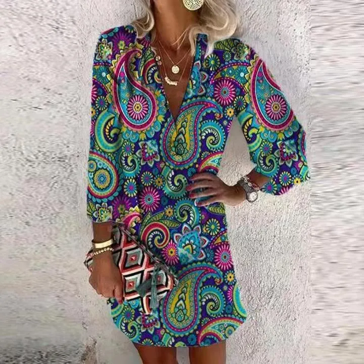 Summer V-neck Hanging Long Sleeve Printed Beach Bohemian Style Short Loose Dress Women