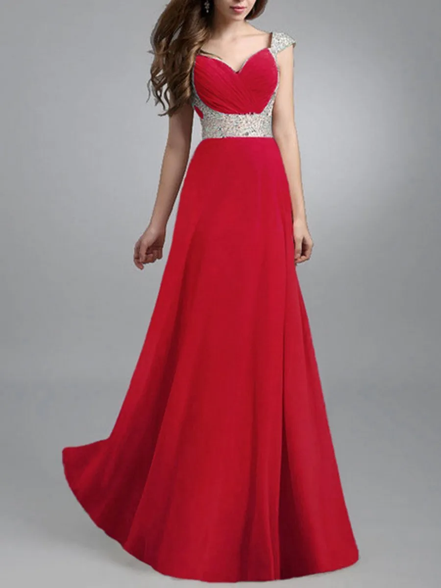 Sweet Heart Sequin Pleated Bodice Chiffon Evening Dress