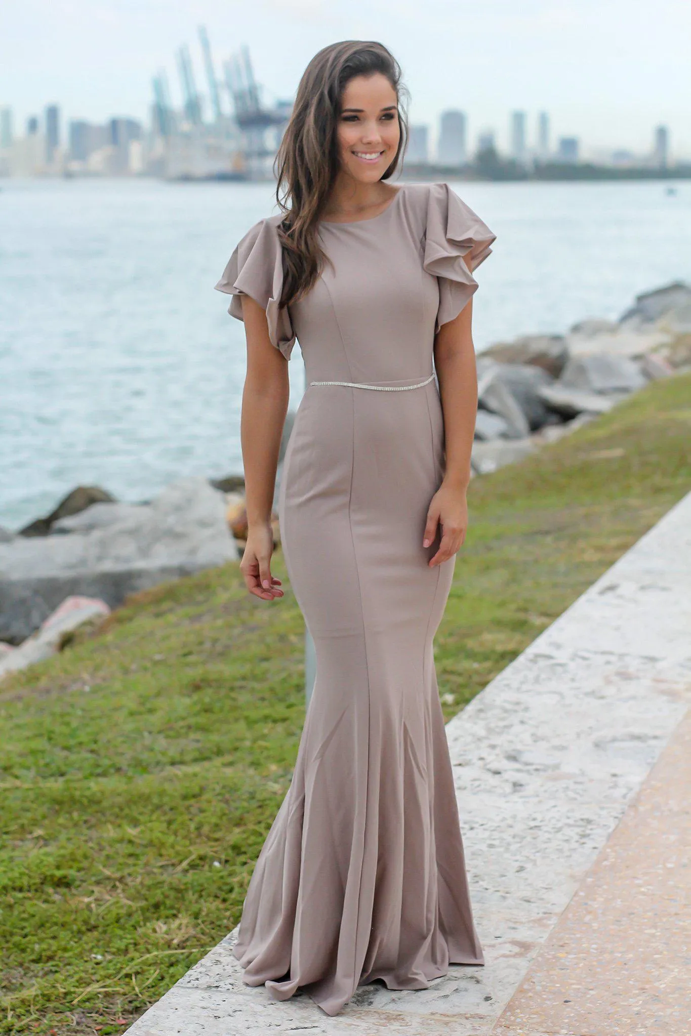 Tan Maxi Dress with Ruffle Sleeves