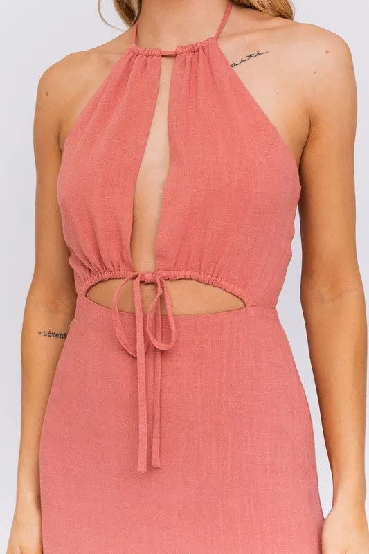 TEEK - Brick Color Halter Neck Open Front Dress