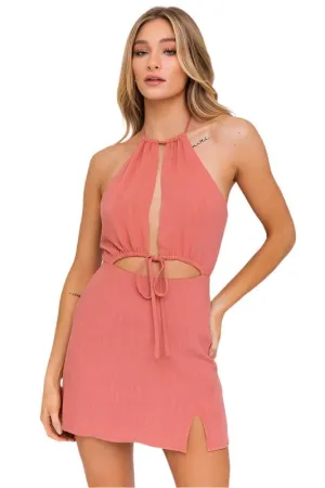 TEEK - Brick Color Halter Neck Open Front Dress