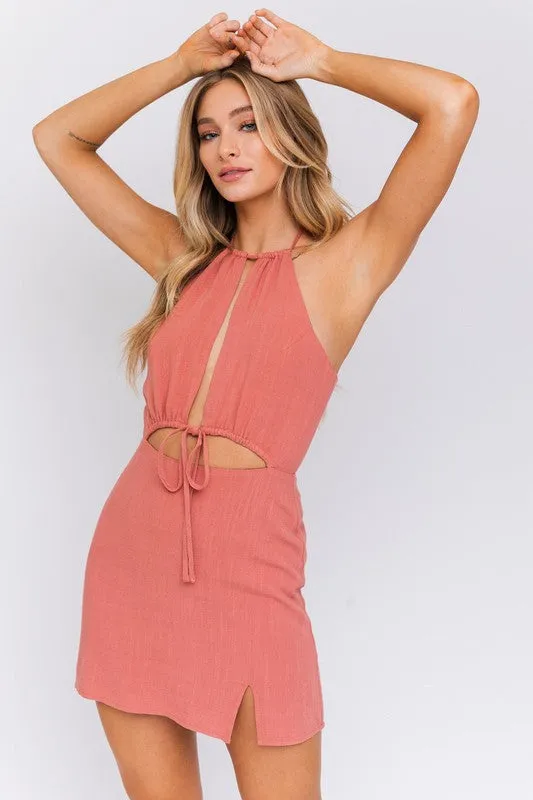 TEEK - Brick Color Halter Neck Open Front Dress