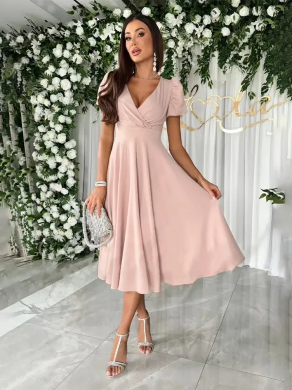 TEEK - Solid Color V-Neck Puff Sleeve Swing Dress