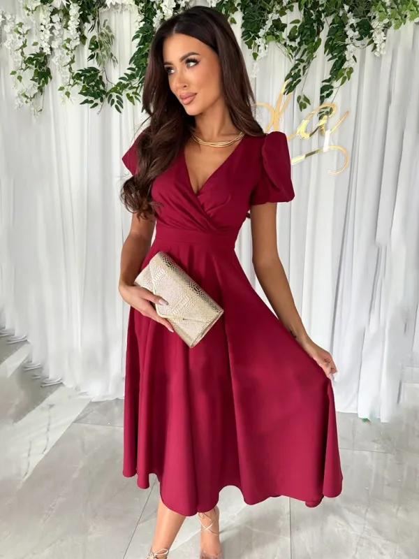 TEEK - Solid Color V-Neck Puff Sleeve Swing Dress