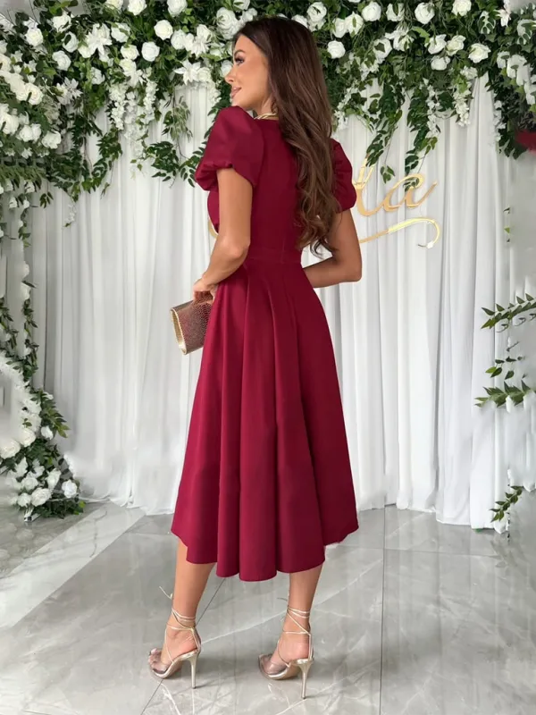 TEEK - Solid Color V-Neck Puff Sleeve Swing Dress