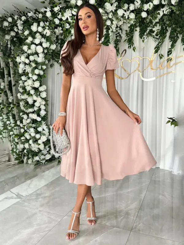 TEEK - Solid Color V-Neck Puff Sleeve Swing Dress