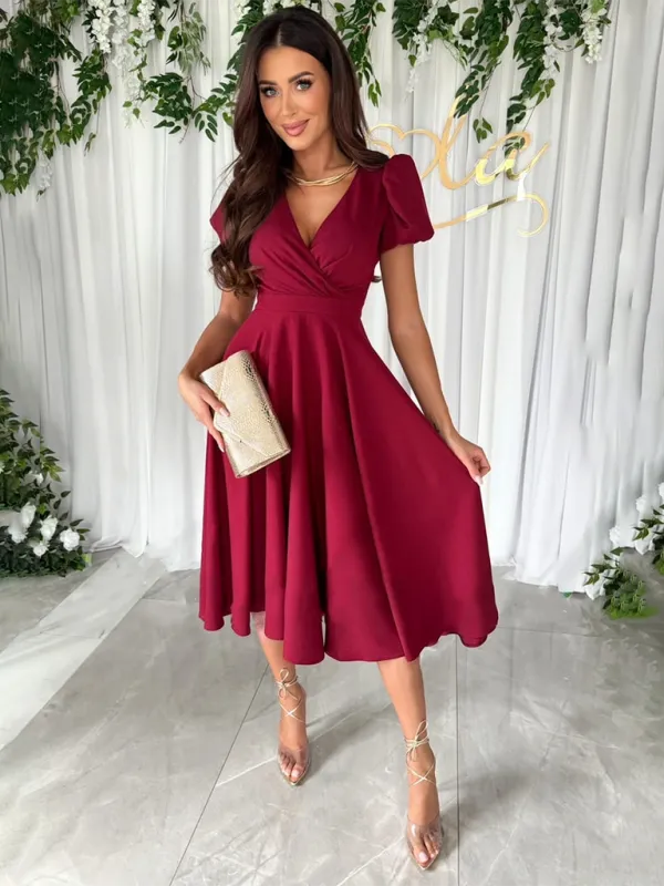 TEEK - Solid Color V-Neck Puff Sleeve Swing Dress