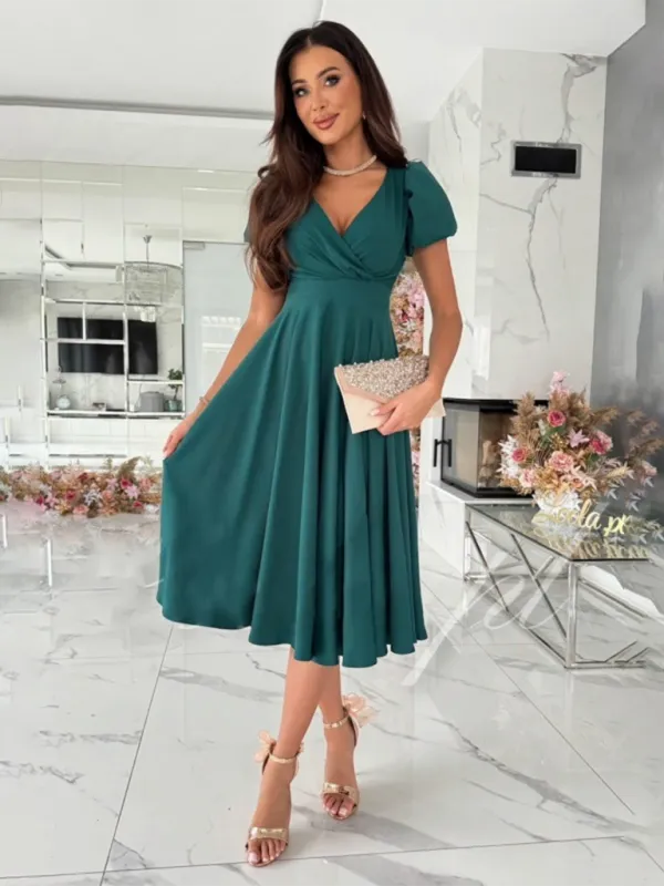 TEEK - Solid Color V-Neck Puff Sleeve Swing Dress