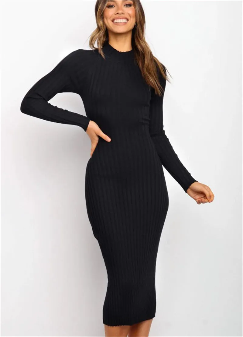 Temperament Crew Neck Sunken Stripe Solid Color Slim Fit Dress