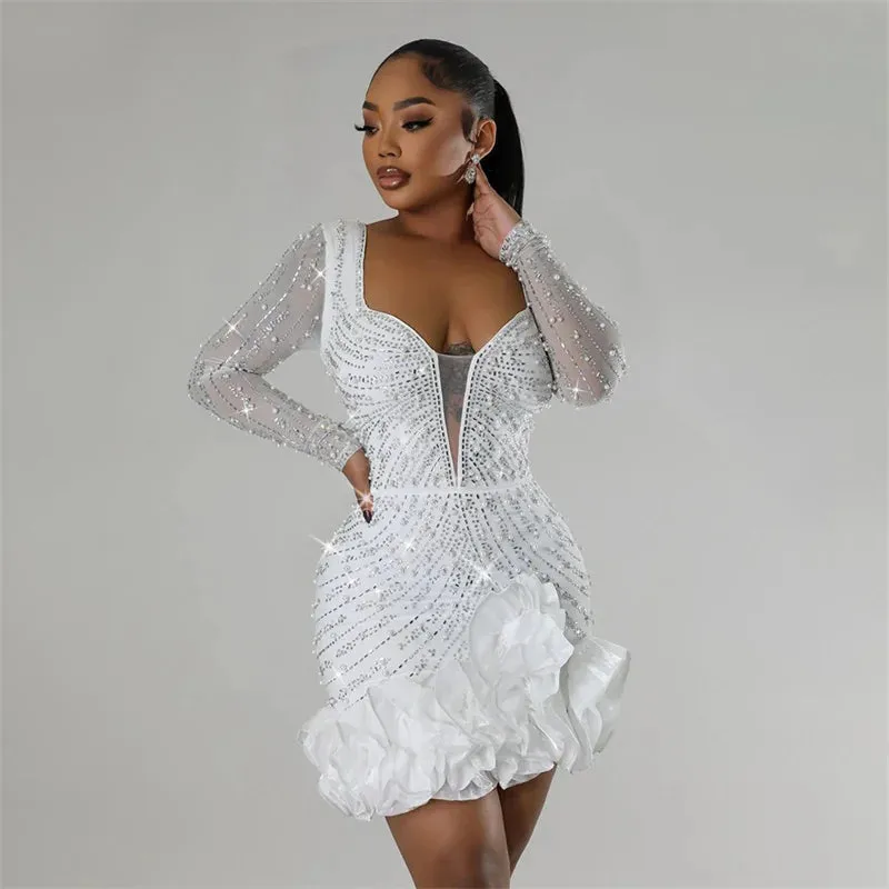 Trendy Rhinestone Mesh Ruffle Party Dress