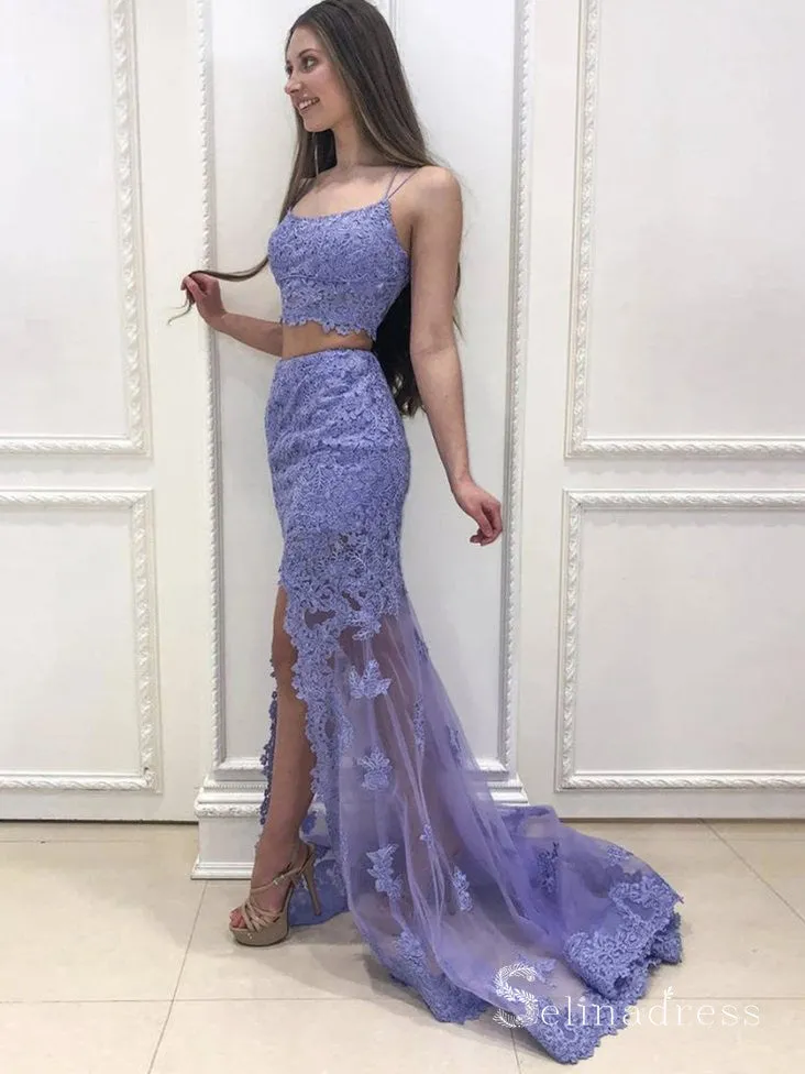 Two Pieces Mermaid Lavender Prom Dresses Lace Long Evening Gowns CBD546