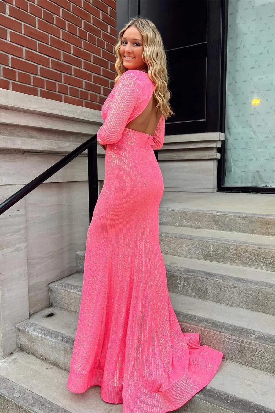 V-Neck Backless Pink Prom Formal Dress with Long Sleeves  PSK315