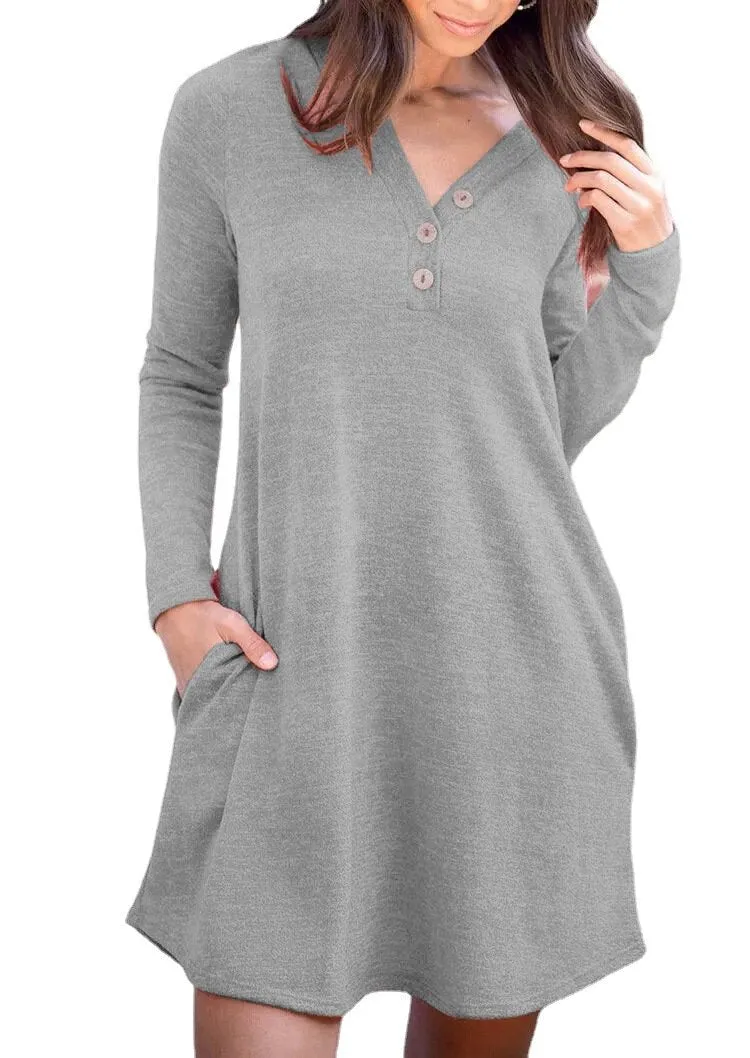 V-neck three button pockets solid color loose long-sleeved dress