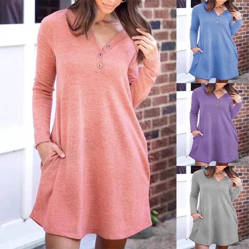 V-neck three button pockets solid color loose long-sleeved dress