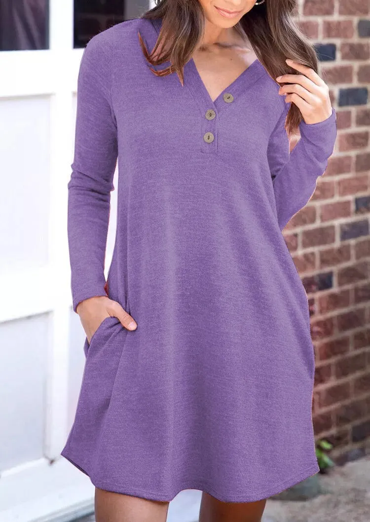 V-neck three button pockets solid color loose long-sleeved dress