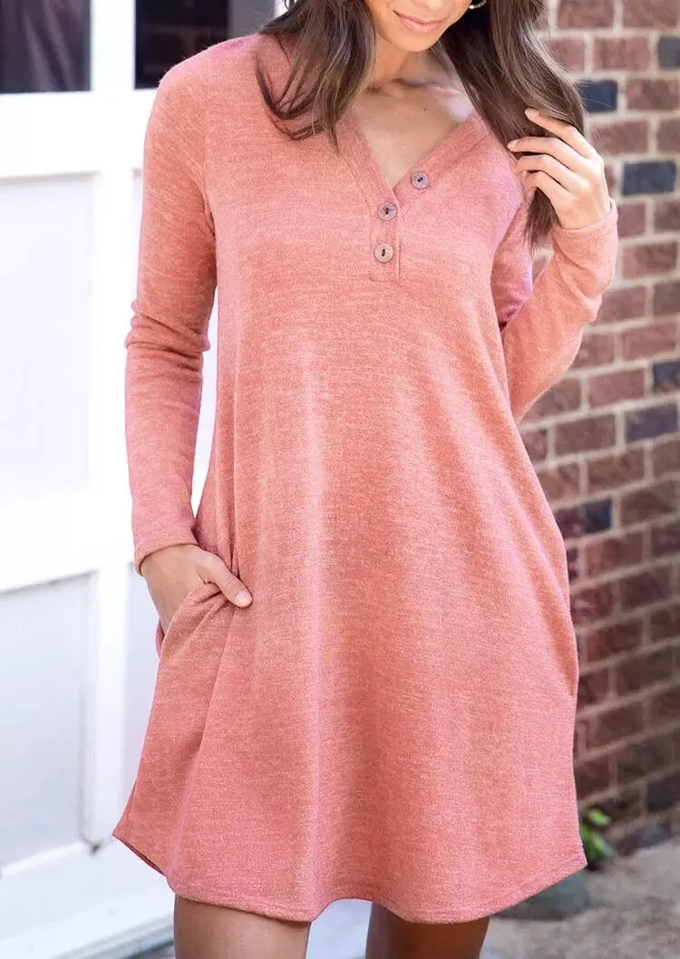 V-neck three button pockets solid color loose long-sleeved dress