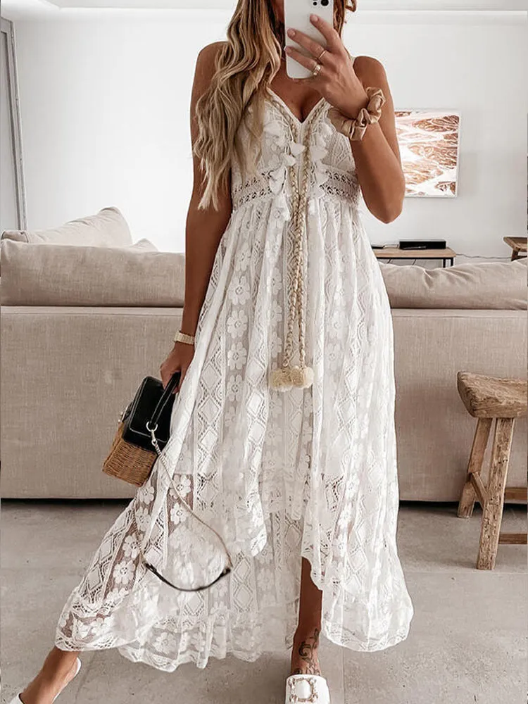 Wenkouban Women Summer Maxi Dress Lady Off Shoulder Boho Dress Sexy Lace V Neck Spaghetti Strap Sundress White Dress Vestidos De Mujer