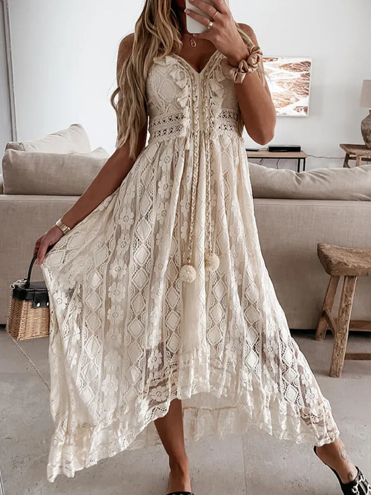 Wenkouban Women Summer Maxi Dress Lady Off Shoulder Boho Dress Sexy Lace V Neck Spaghetti Strap Sundress White Dress Vestidos De Mujer