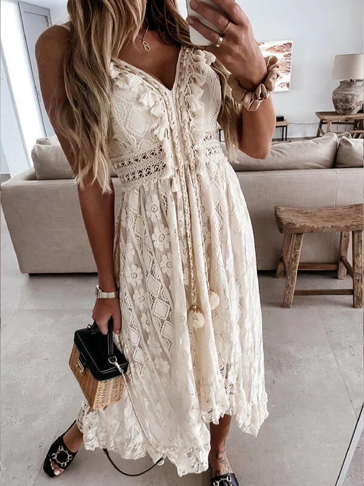 Wenkouban Women Summer Maxi Dress Lady Off Shoulder Boho Dress Sexy Lace V Neck Spaghetti Strap Sundress White Dress Vestidos De Mujer