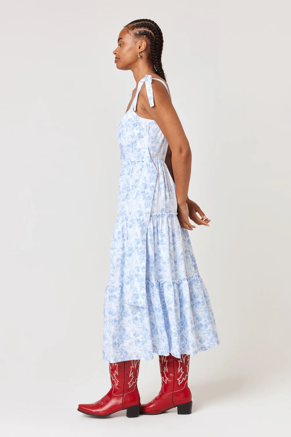 White Blue Floral Ruffle Midi Dress