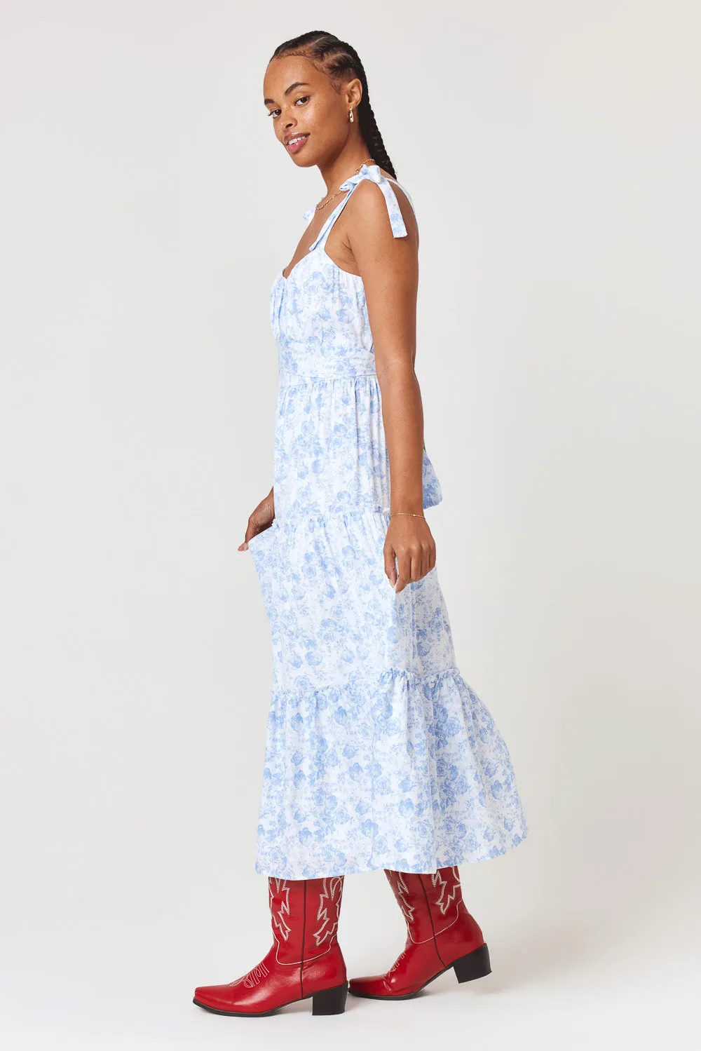 White Blue Floral Ruffle Midi Dress