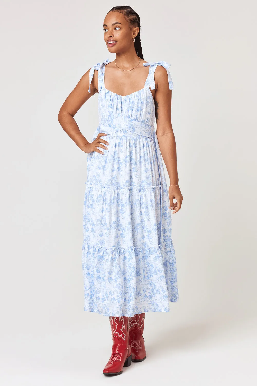 White Blue Floral Ruffle Midi Dress