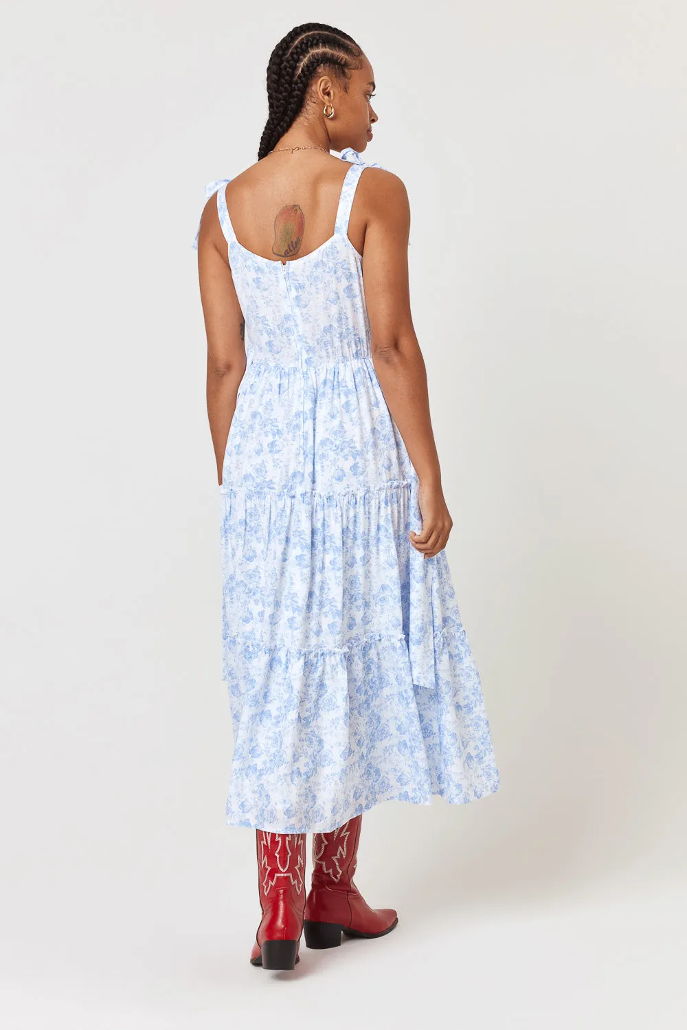 White Blue Floral Ruffle Midi Dress