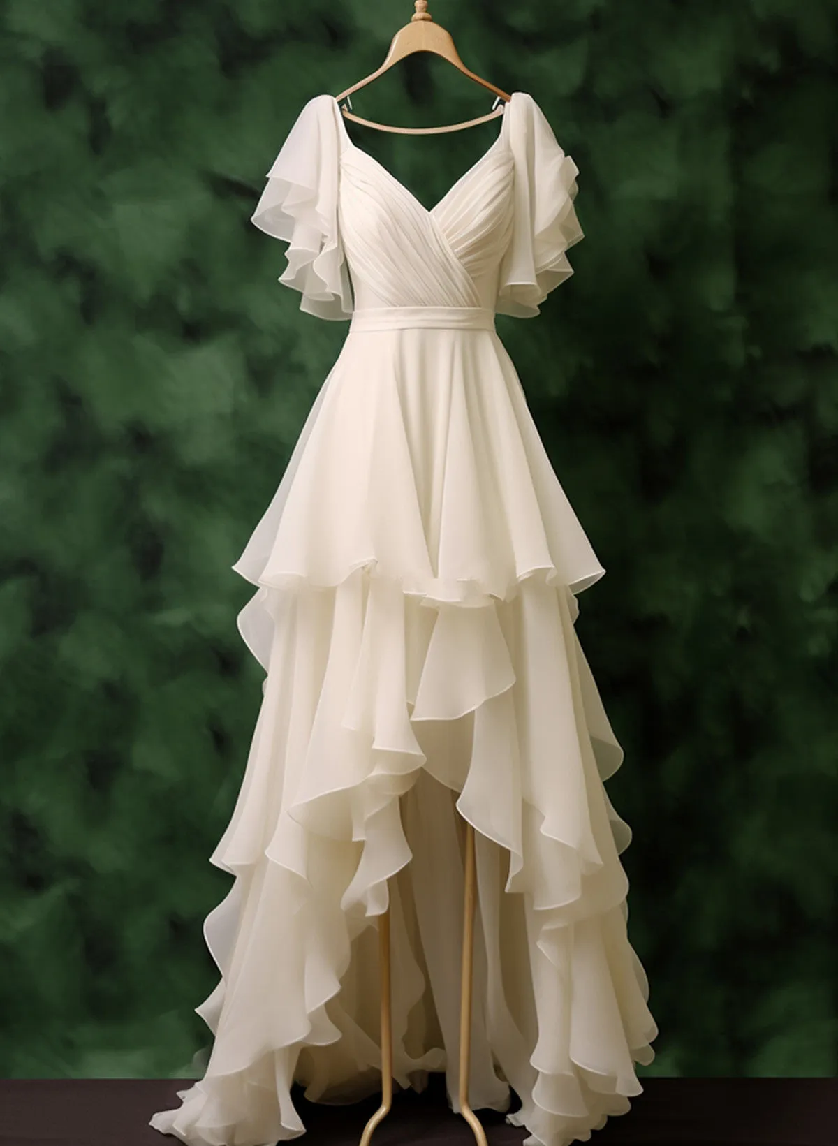 White Chiffon High Low Short Sleeves Party Dress, White Chiffon Wedding Party Dress