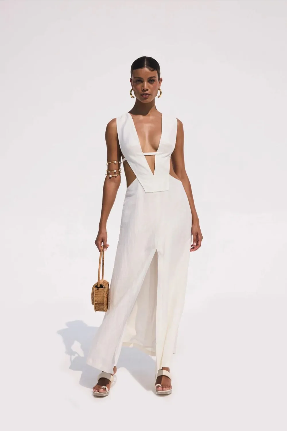 White Cotton V Neck Slit Dress