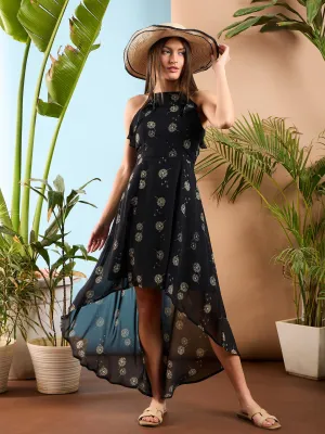 Women Black Floral High-Low Hem Midi Dress