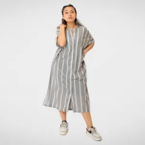 Women Cotton Dress - 2 pockets - Grey (stripped)