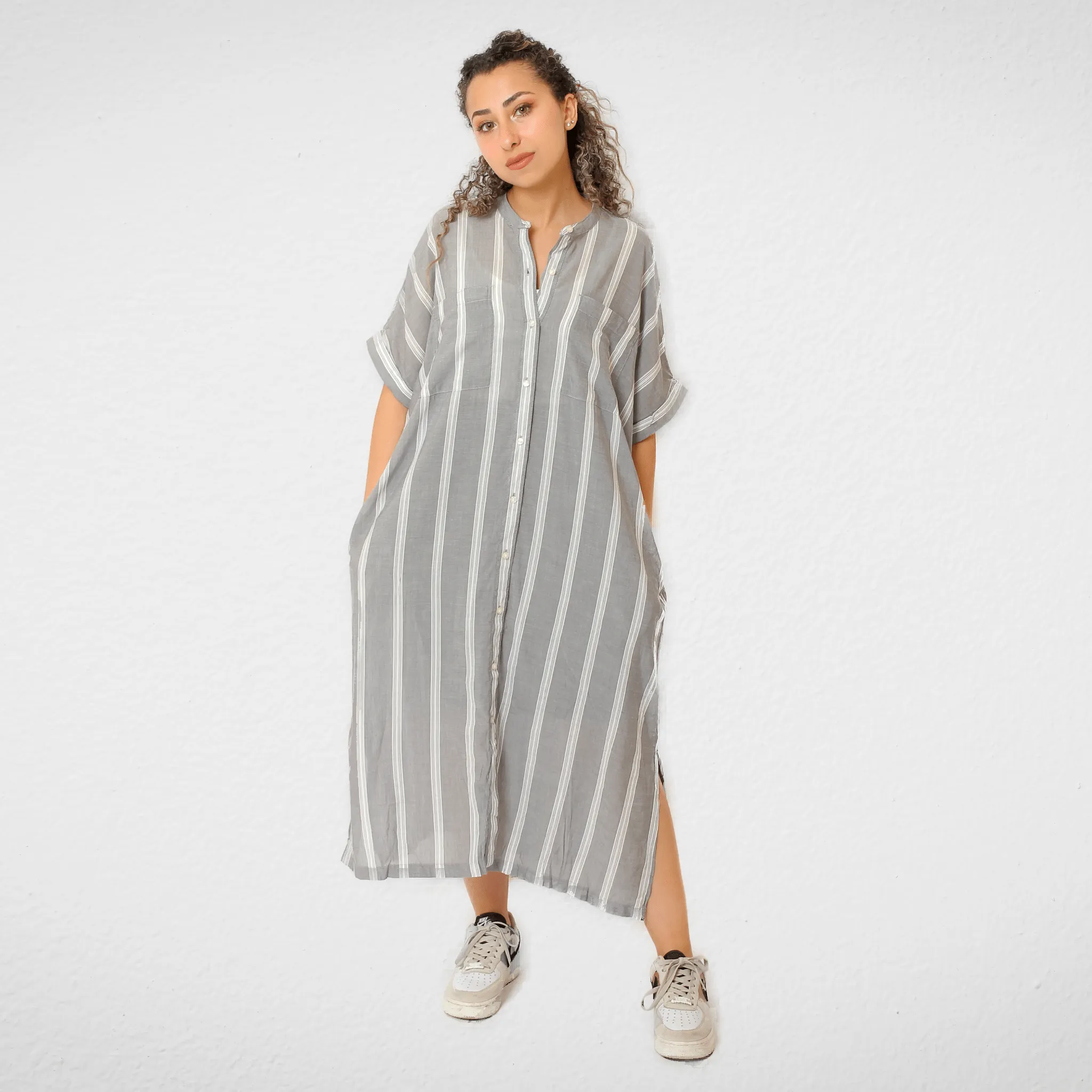 Women Cotton Dress - 2 pockets - Grey (stripped)