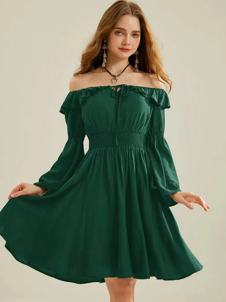 Women Off Shoulder Spliced Hem Pocket Flared Dress