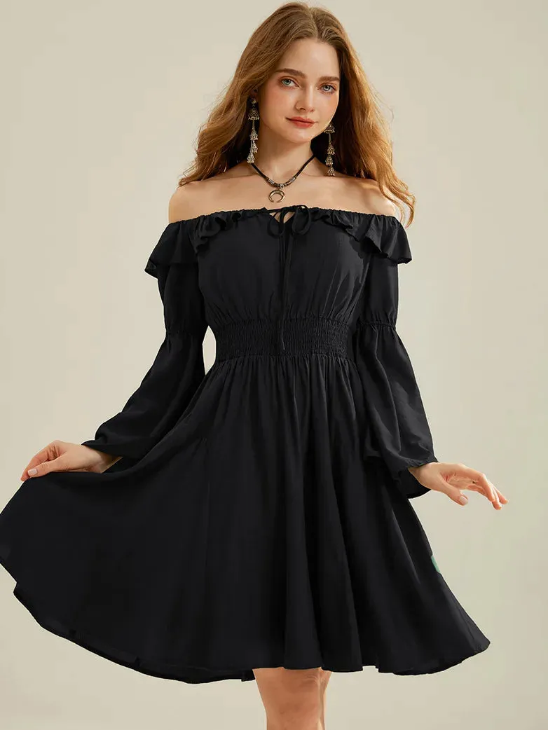 Women Off Shoulder Spliced Hem Pocket Flared Dress