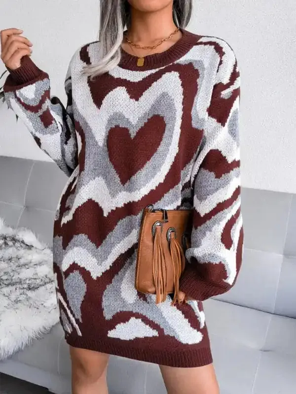 Women’s contrast color love wool dress knitted dress