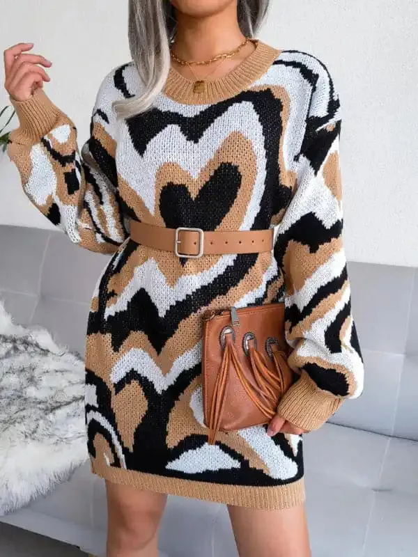 Women’s contrast color love wool dress knitted dress