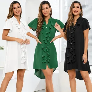 Women's Fashion V-neck Flounce Cardigan Button Shirt Dress