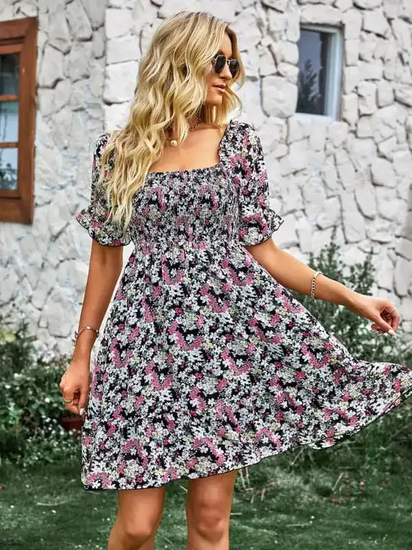 Women’s French square collar skirt short sleeve Floral Dress