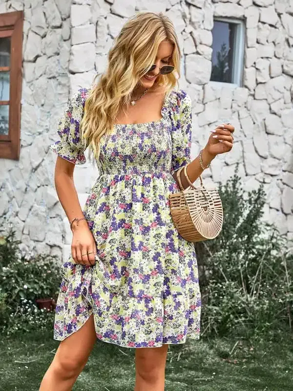 Women’s French square collar skirt short sleeve Floral Dress