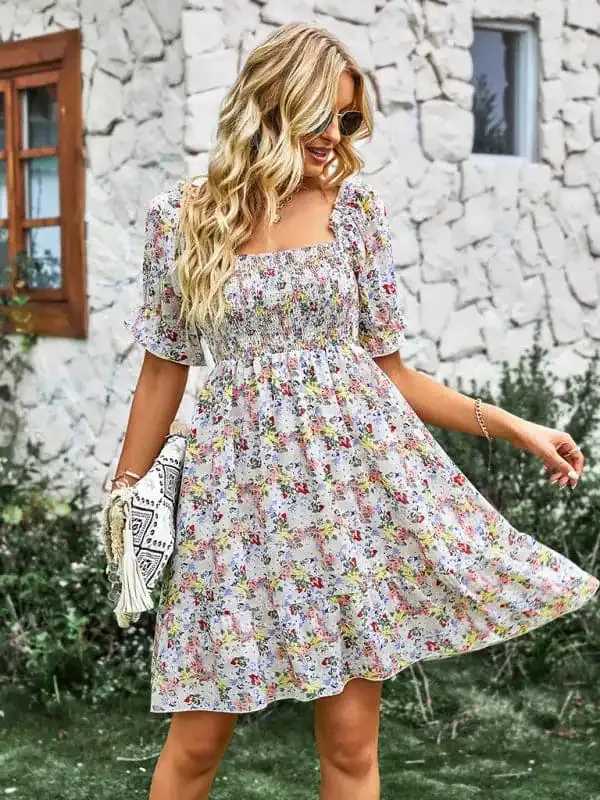 Women’s French square collar skirt short sleeve Floral Dress