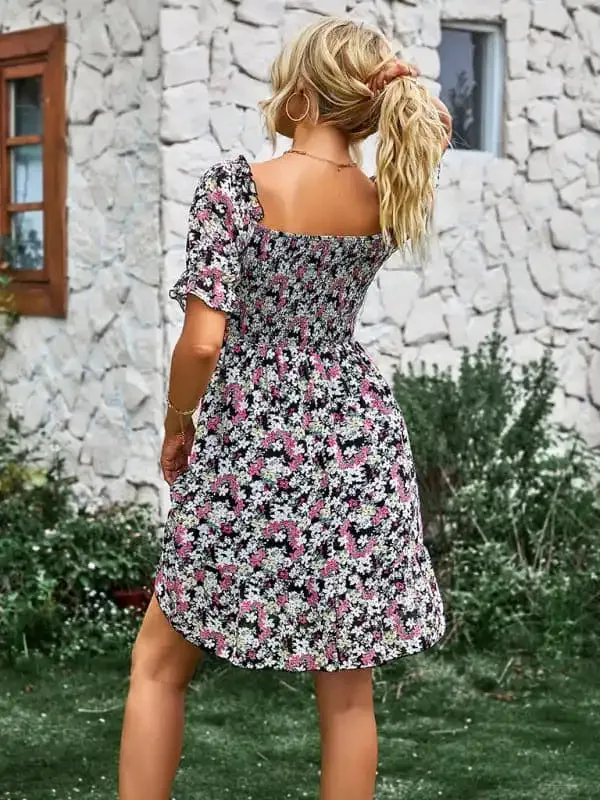 Women’s French square collar skirt short sleeve Floral Dress