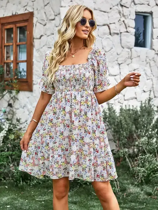 Women’s French square collar skirt short sleeve Floral Dress