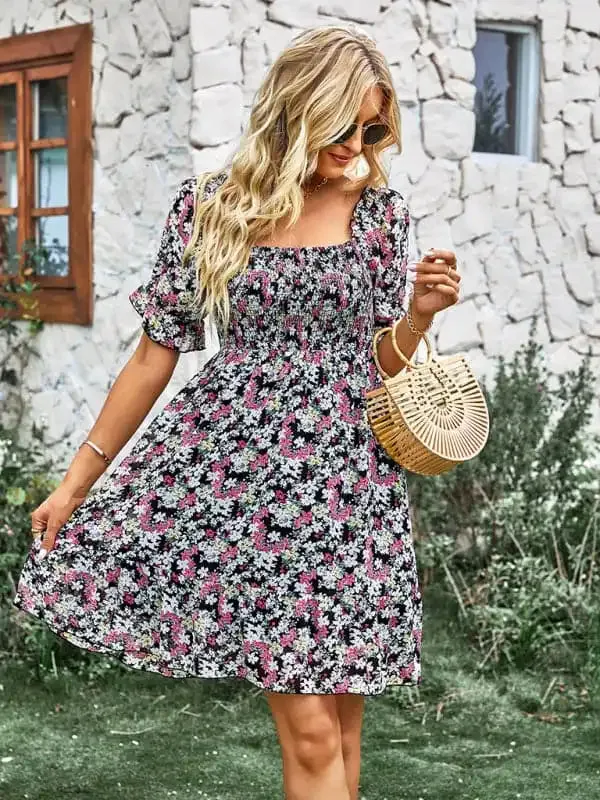 Women’s French square collar skirt short sleeve Floral Dress