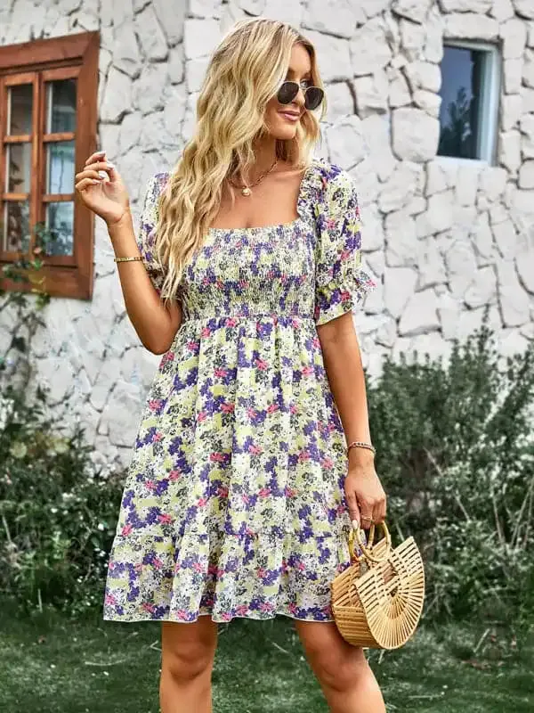 Women’s French square collar skirt short sleeve Floral Dress