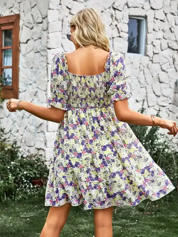 Women’s French square collar skirt short sleeve Floral Dress