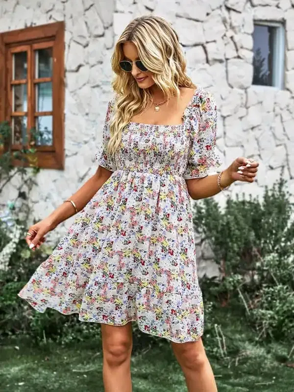 Women’s French square collar skirt short sleeve Floral Dress