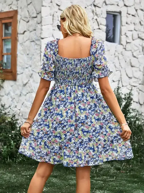 Women’s French square collar skirt short sleeve Floral Dress