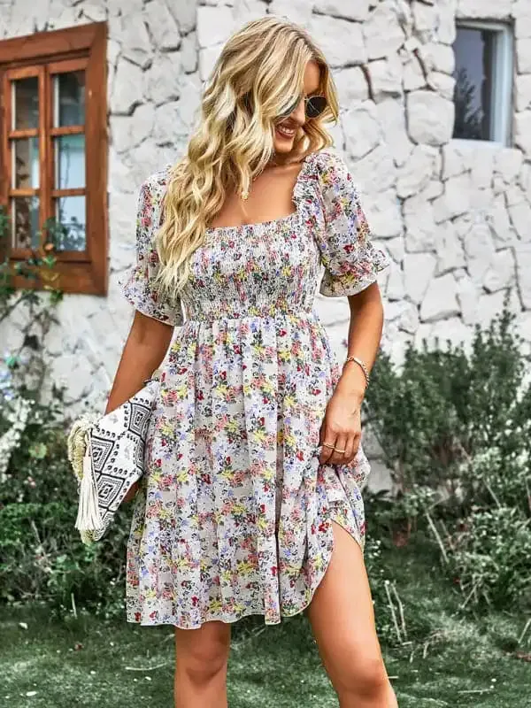 Women’s French square collar skirt short sleeve Floral Dress